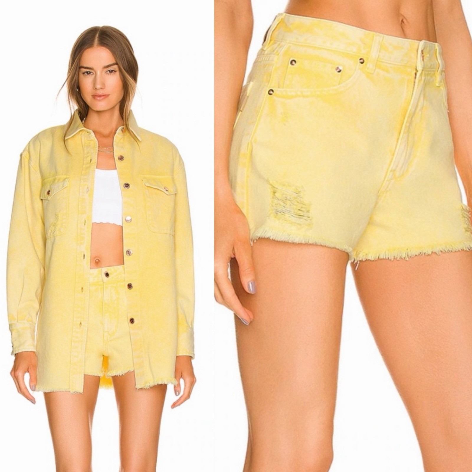 Retrofte Revolve Sz 28/Us6 Suzi High Rise Yellow Cotton Distressed Denim Shorts